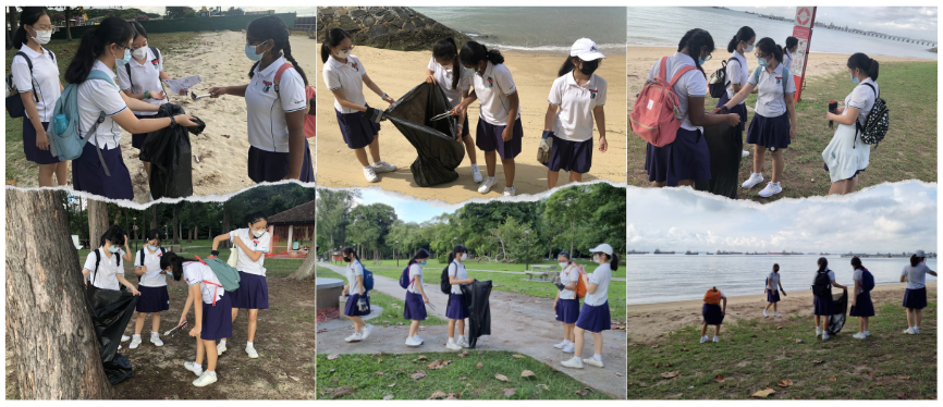 Students in school uniforms collecting trash in black bags at a beach and park during a cleanup activity.